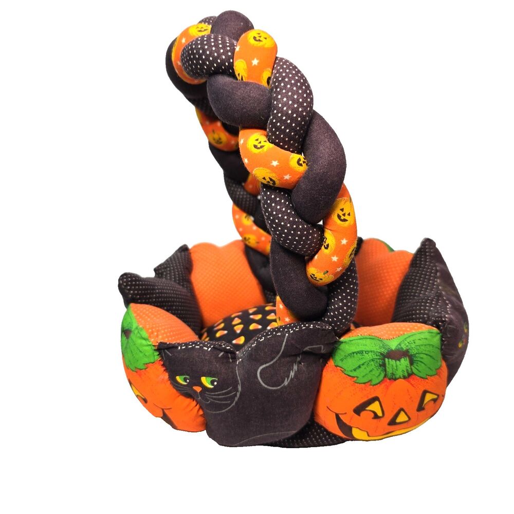 Vintage Fabric Panel Halloween Basket Candy Dish Jack O Lantern & Black Cats